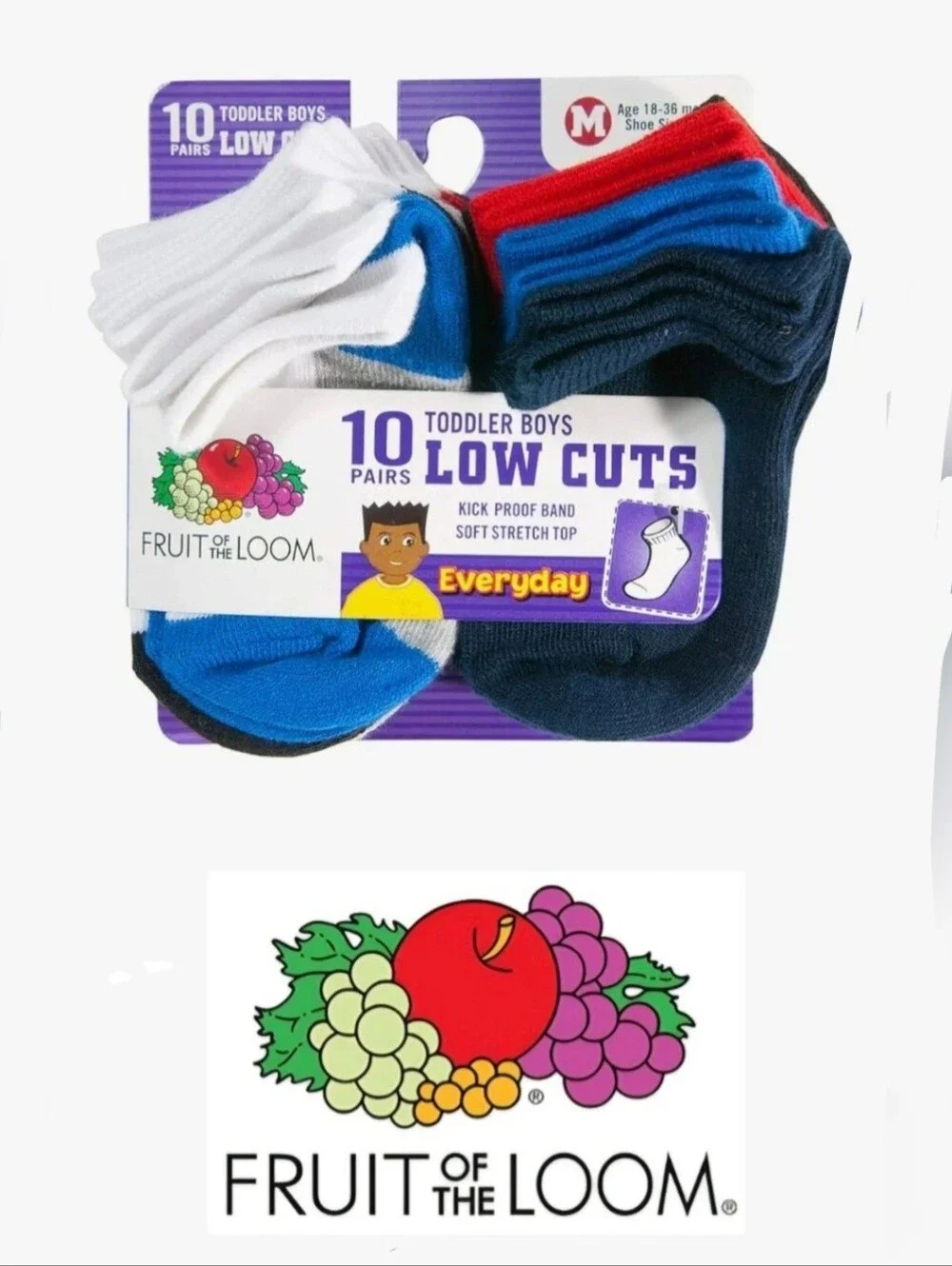 NEW Fruit of the Loom 10-Pair Toddler Boys' Low Cut Everyday Socks; 18-36 Months
